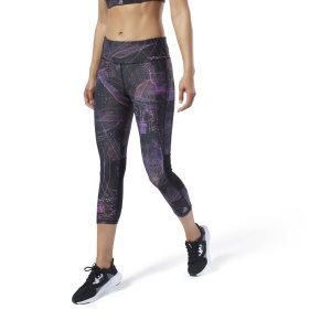 Legginsy Damskie Reebok One Series Running 3/4 Czarne/Fioletowe PL 49CYEJS